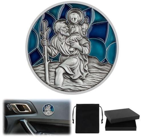 Heiligen Christophorus Auto Plaketten Ø 4cm Blau Christopherus Auto Magnet | mit Magnet Doppelseitig Nanoklebeaufkleber Samtsäckchen Gesegnet Schutzpatron der Reisenden Modern Auto Glücksbringer