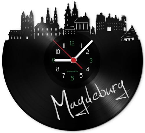 GRAVURZEILE Schallplattenuhr - Skyline Magdeburg - Wanduhr aus gegossenem Vinyl mit Stadt Skyline 30 cm - Upcycling Design-Uhr Wand-Deko Vintage Wand-Dekoration Retro-Uhr - Made in Germany