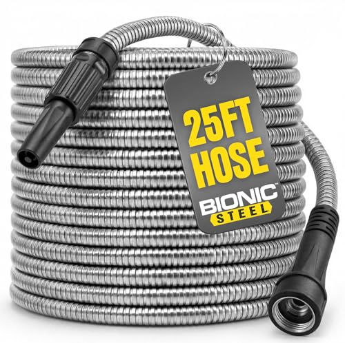 BIONIC STEEL 25 FT Garden Hose Pipe with Nozzle 304 Stainless Steel Metal Hosepipe, Crush Resistant Flexible Hose Pipe, Kink Free Ultra Lightweight Garden Hose Easy to Coil, Garden Hoses