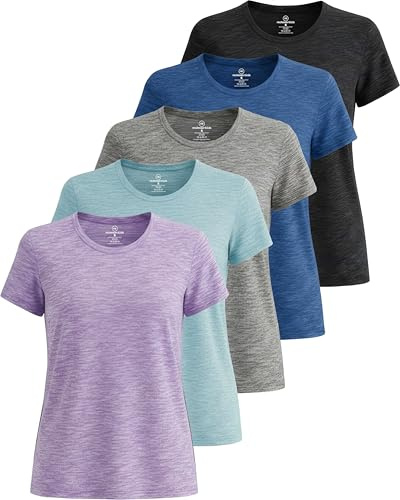 Real Essentials 5-pack: Kortärmad t-shirt för kvinnor, träningstoppar, atletisk topp för fitness, pilates, gym (plusstorlek tillgänglig)