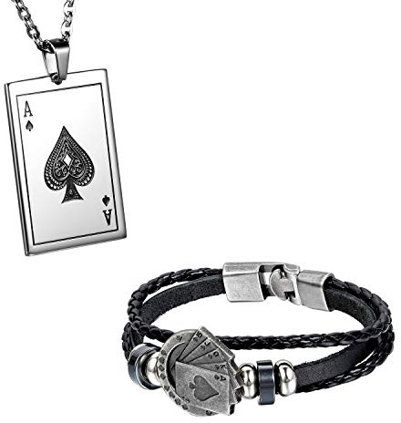 Flongo Joker Poker Kette Armband Halskette Pokerkarten schmuck Lederarmband Leder Bracelet mit Pik Ass Spielkarte Anhänger Armreif Schwarz Braun für Herren Männer