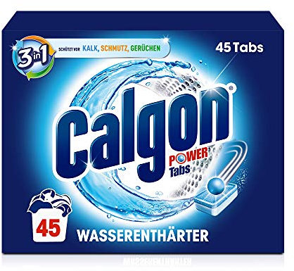 Calgon 3 en 1 Power Tabs – Ablandador de agua contra depósitos de cal y suciedad en la lavadora – Previene olores desagradables – 1 x 45 pestañas
