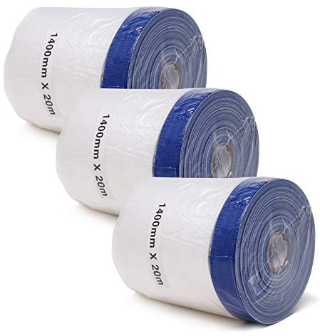 gws 3 Rollen Abdeckfolie für Maler- und Gipsarbeiten, Malerfolie mit Klebeband, Maskerband mit starker Haftung & einfach entfernbar 1400 mm x 20 m