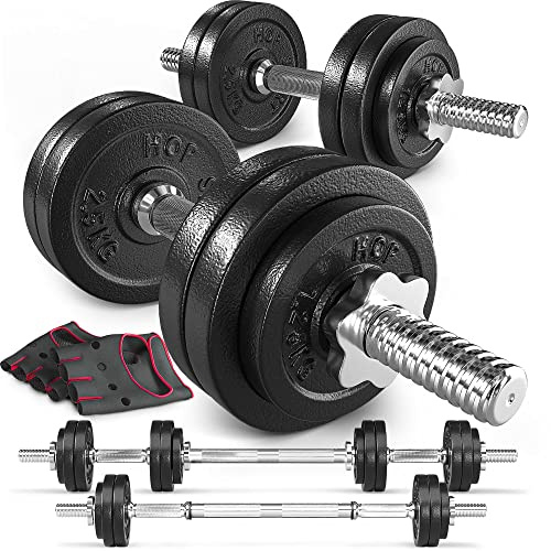 HOP-Sport® 2en1 Set d'haltères en Fonte modulable, 2 haltères Courts et 1 Barre Longue en Acier réglable, Ensemble de Musculation de 30 mm, 2 x 15 kg