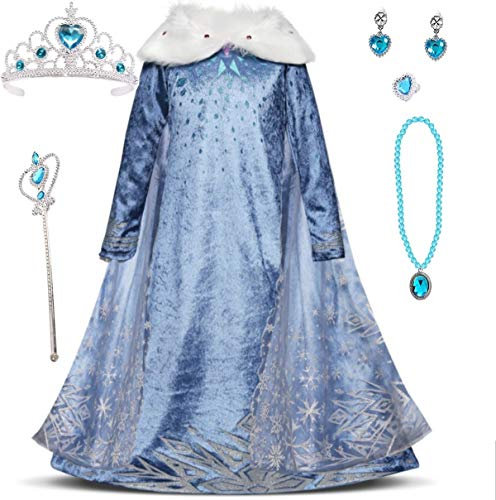 EMIN Mädchen Prinzessin Königin Eiskönigin ELSA 2 Kostüm Kinder Langarm Kleid Hosen Tüll Umhang Outfit Verkleidung Geburtstag Party Ankleiden Karneval Halloween Cosplay Fasching Faschingkostüm Zubehör