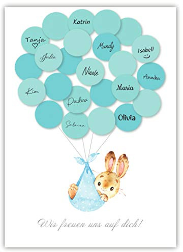 Pandawal Babyparty Deko Junge Gästebuch Alternative Baby Shower Set Hase (blau) Gastgeschenk Taufe Pullerparty Erinnerungsstück/Andenken beschreibbar/Fingerabdruck