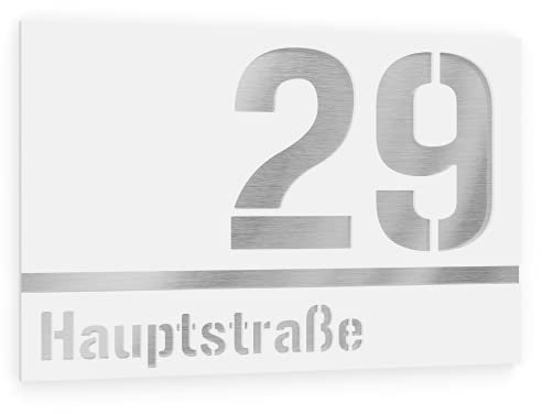 Graviers Design Hausnummer aus V2A Edelstahl 215x150mm - Weiß - Wetterfest Rostfrei Individuell anpassbar nach eigener Nummer Straße - Made in Germany