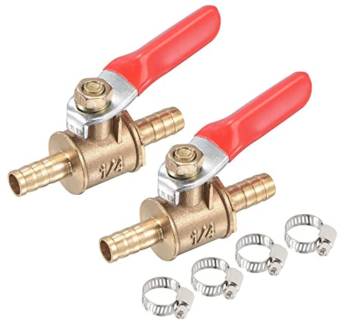 sourcing map Brass Air Ball Valve Shut Off Switch 6mm Hose Barb to 6mm Hose Barb with Clamps Red Handle 2Pcs