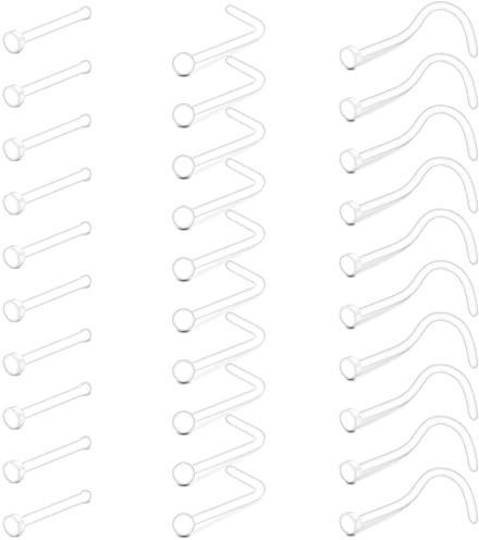 Crdifu Clous de nez transparents, 22G droit en forme de L tire-bouchon de nez en forme de L, supports de piercing de nez invisibles en plastique - Embout plat pour les travaux scolaires, fin de 0,6 mm