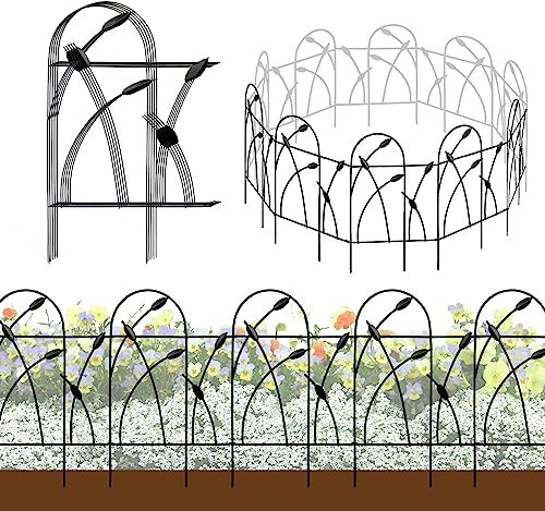 Thealyn Metal Decorative Garden Fence Panels, 82cm.H x 50cm.W (10 Panels, Total Length 4.9m) No Dig Fence Rustproof Wrought Iron Landscape Fencing for Flower Bed, Trees, Animal Barrier, Black