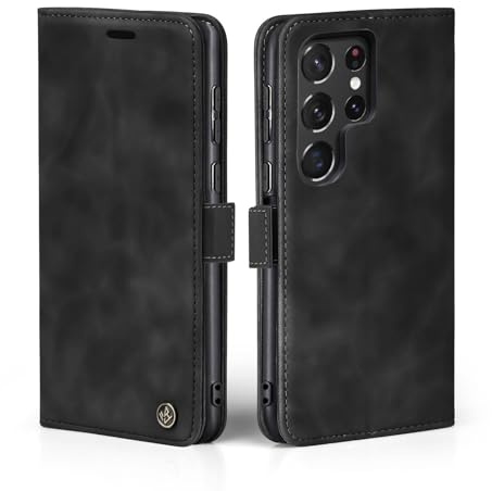 LBH Handyhülle für Samsung Galaxy S22 Ultra in Schwarz mit Karten- und Geldfach Smartphone Hülle mit Standfunktion Flip Case Schutzhülle Magnetverschluss Vintage