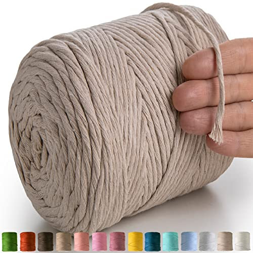 MeriWoolArt Hilo de macramé beige – Hilo de macramé de 4 mm de color, 225 m – Hilo de algodón supersuave, hilo de macramé trenzado simple para macramé, colgante de pared, para colgar en la pared, para