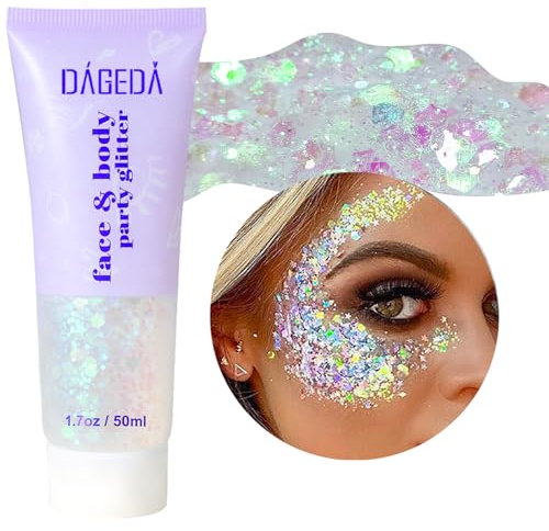 Prreal Body Glitter gel 50ml, Mermaid Sequins Liquid Gel kit, Long-Lasting Glitter Chunky Powder For Festival Masquerade Birthday Makeup#White