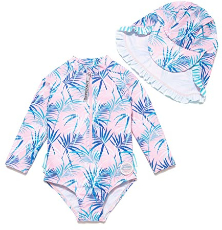 BONVERANO Traje de baño de una Pieza para niña, Mangas largas, protección UV 50+ con Gorra(Azul-Bambú,24-36meses…