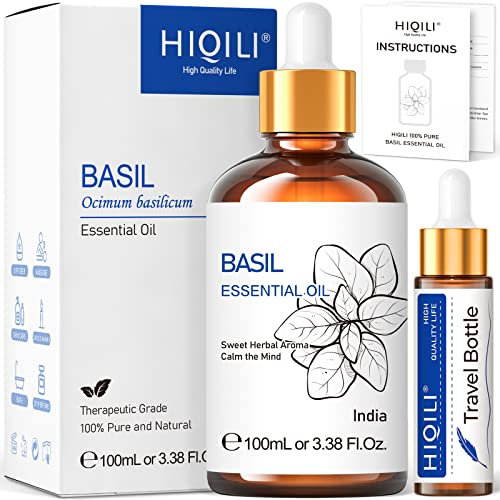 HIQILI Basilikumöl 100ml, Rein & Naturliches Ätherisches Basilikum Öl für Haare, Aromatherapieöl für Diffuser, Duftöl für Diffusor, Haut, Kerzenherstellung, Entspannung