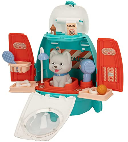 ColorBaby 49704 - Mochila peluquería canina 2 en 1 con mascota / Maletín veterinario de juguete / Juego de veterinarios, Set veterinario / Salón de belleza para perritos