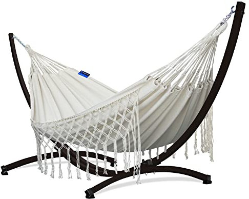 Potenza Outdoor Hängematte mit Gestell für 2 Personen I Medelin Boho- 100% Baumwolle Doppelhängematte 230x160, 200kg I Hängemattengestell 220kg, wetterfest
