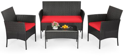 FDW | 4-Piece Patio Furniture Set | Red | Outdoor Wicker Furniture with Coffee Table | Modern Rattan Chairs Conversation Set | Outdoor Seating | Weather-Resistant | for Porch, Garden, Lawn