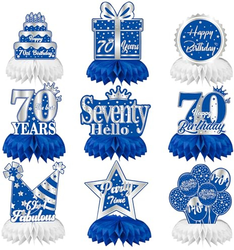 Auliuse Partydekoration zum 70. Geburtstag, Wabenaufsätze, Partydekoration, Partydekoration für Männer und Frauen, zum 70. Geburtstag, Blau / Silber, 9 Stück