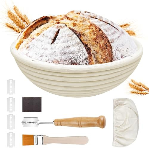 Traxenta Banneton para Pan, Bread Proofing Basket Redondo, Cesta de Fermentación de Ratán, Juego de Cesta de Levadura, Herramienta para Hornear, con Inserto de Lino, Cepillo y Cuchillo de Panadero
