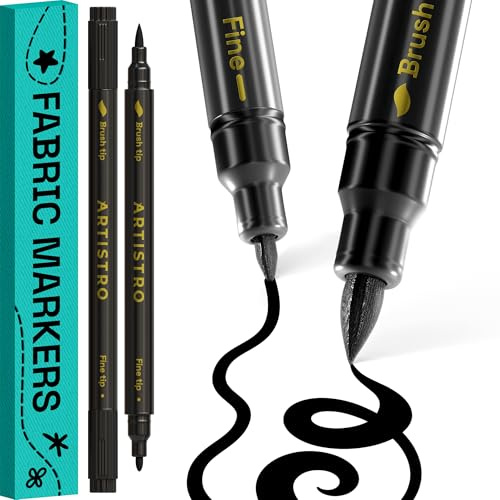 Artistro 2 Schwarze Textilstifte Dual-Tip Brush+Fein für Kleidung | Kräftige, leuchtende Farben, schnell trocknend & leicht zu führen, für Lettering, Doodles & DIY-Gestaltung, Kreativ-Geschenk