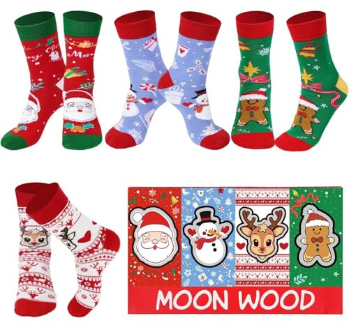 Moon Wood Christmas Socks Gifts for Women 4 Pairs Xmas Funny Socks Novelty Ladies Warm Cozy Sock 4-7