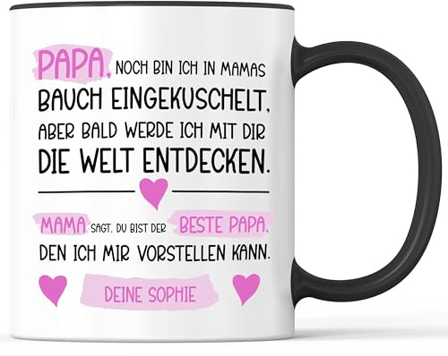 Kaffeebecher mit Spruch Bester Papa - personalisiert mit Name vom Kind Schwanger Schwangerschaft - lustiges Geschenk - Kaffeetasse als Geschenkidee - Becher bzw. Tasse 330ml - Weiss-Schwarz