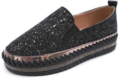 WXLZBNFKG Women's Platform Rhinestones Glitter Fashion Sneakers Comfortable Slip On Flat Loafers Walking Wedding Dress Shoes Casual Shoes Black 40