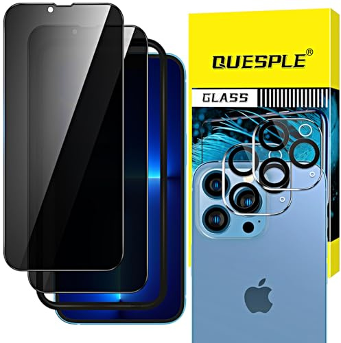 QUESPLE [2+2 Stück] Panzerglas Sichtschutz für iPhone 13 Pro Max 6,7 Zoll, 2 Stück Anti-Spähen Screen Privatsphäre Schutzfolie und Kameraschutz, 9H Härte Gehärtetem Glas Displayschutzfolie