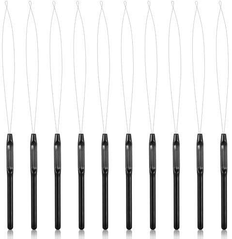 AOZUO 10 Stück Häkelnadel Set, Einfädler Bartperlen Haarverlängerung Schwarzer Schlaufen Einfädler für Haar und Federverlängerungen Einfädler Zug Haken Werkzeug