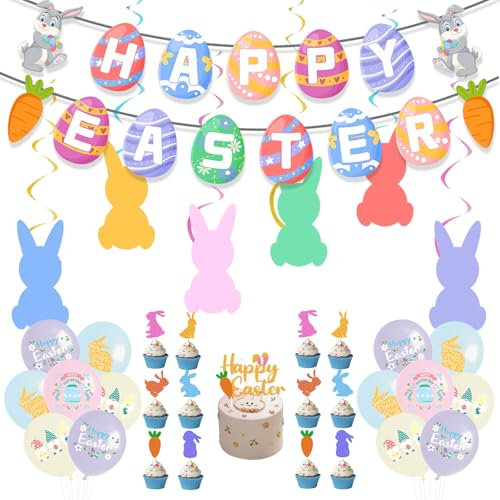 34 Pcs Easter Decorations Set with Easter Banner, Balloons, Cake Topper & Hanging Swirl, Happy Easter Hanging Bunny Decorations for Home Garden School, Easter Bunting Banner Easter Eggs Decoration