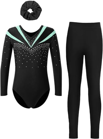 Alvivi 3 Stück Mädchen Turnanzug Glitzer Gymnastikanzug mit Hose Haarband Langarm Gymnastik Leotard Turntrikot Wettbewerb Tanzkostüm