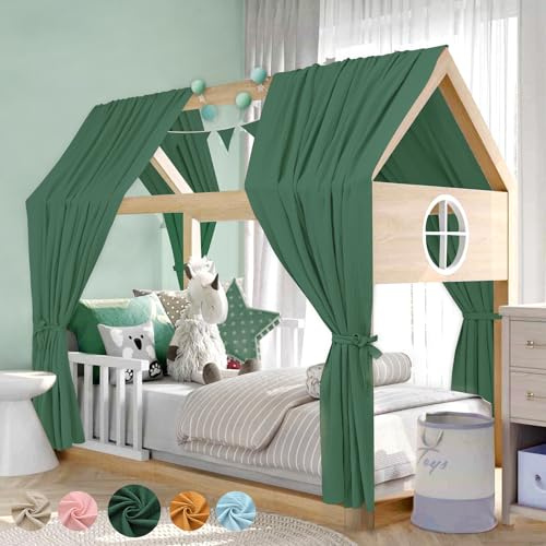 Alishomtll Hausbett Himmel Deko Set, 2 Betthimmel Hausbett aus 100% Baumwolle Musselin, 1 Wimpelkette 300cm, Kinderbett Baldachin Stoffhimmel für Mädchen Jungen Kinderzimmer, 135x270cm Grün