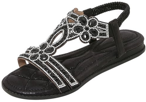 Glitzer Sandalen Damen Flach Strass, Sommerschuhe Glitzerschuhe für Damen Elegant, Flache Schuhe Schicke, Elegante Boho Strand Riemchensandalen, Weichen Sohlen Damensandalen Gummiband