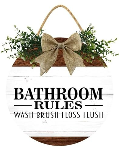 Geroclonup 28cm Bathroom Rules Wash Brush Floss Flush Signs for Front Door Farmhouse Holiday Porch Round Wooden Rustic Hanger Sign for Door Home Decoration Wall Decor Outdoor Indoor