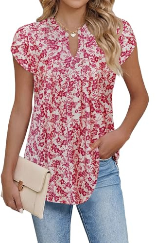 Cuptacc Camisetas Mujer Verano Manga Corta Cuello en V Camisa Mujer Elegante Casual Color Puro Basic tee Beige Rojo Floral, Large L 42-44