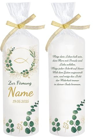 Kerze Firmung gold Blätter Fisch individuell Name und Datum ergänzbar als Tischdeko. Liebevolle Kerze Deko. Tischdekoration als Geschenk. Brenndauer: 30 Stunden, Ø6 x Höhe 16,5 cm