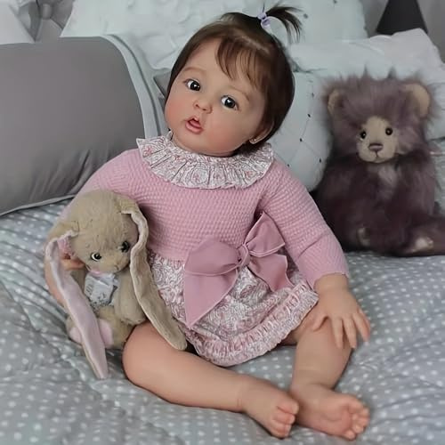 DOYSDJH Realistica Bambola In Vinile Morbido, 22 Pollici 55cm Bambole Reborn Vestito Rosa Con Pizzo E Fiocco, Reborn Femmina Originale Con Orsacchiotto, Bambola Reborns Giocattolo Da Collezione
