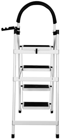 Haushaltsleiter, 4 Stufen, 4 Stufen, mit rutschfestem Pedal, stabile Leiter aus Stahl, rutschfeste Füße, 133 x 74 x 39 cm, Weiß