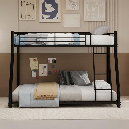 KOMHTOM Lit Superposé 2 Places avec Barrières de sécurité, échelles et Sommier à Lattes en Métal - Cadre de Lit Moderne pour Enfants et Adolescents (Noir, A)