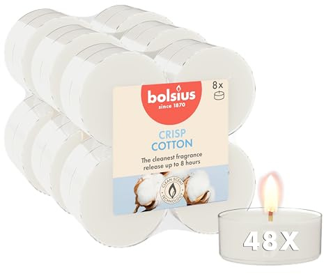 Bolsius - bougies chauffe-plat parfumées - 48 pièces - fresh cotton - 8 heures - avec coupelle transparente - aux extraits naturels - bougies chauffe-plat Maxi