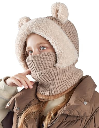 Maeau Baby Wintermütze Winter mit Ohren 2 Zwei Bommel Schlupfmütze Warme Kinder Jungen Sturmhaube Gestrickt Fahrrad Kleinkind Schalmütze Fleece Herbst Mädchen Mütze und Loop Schal Set Gefütterte Khaki