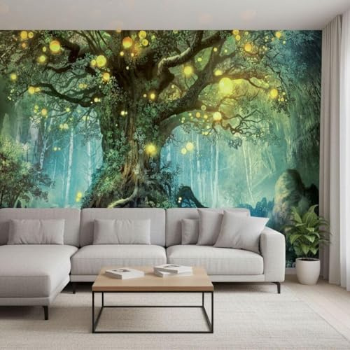 Sunny Graphics Print Fantasy Forest Wallpaper Mural Wall Sticker Photo Glowing Tree & Waterfall Scene Peel-and-Stick Wall Art for Living Room, Bedroom, Office, Meditation Space 315x215