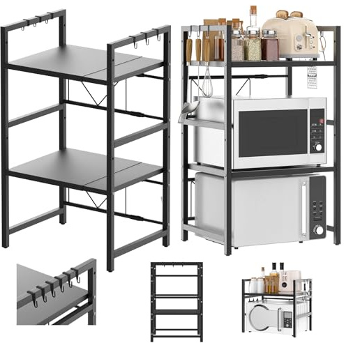 Lucn 3 Tier Expandable Microwave oven Rack Stand Storage Kitchen Corner Shelf Hold Expandable Rack Stand Storage Corner Holder Kitchen Microwave oven Shelf with 6 Hooks