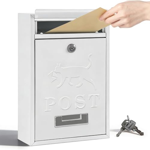 Post Box Wall Mounted Waterproof for Outside, Letter Box with 2 Keys 32x22x8.4cm, Letterbox for Walls or Door, Prevent Mail Loss Easy Install for Door or Walls, Mail Boxs (White)