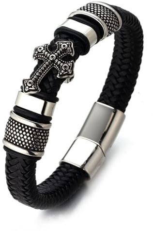 HALUKAKAH Bracelet Première Sainte Communion Enfant – Croix Flèche Scintillante – 18,5cm Acier Titane Hypoallergénique – Véritable Cuir Noir – Cadeau Religieux pour Garçons Filles Ados