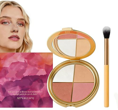 Palette visage 4 en 1, fard à paupières, enlumineur et blush - Palette de maquillage multi-usages pour le contouring, les joues, les yeux et l'illumination, format compact portable pour (1 pcs)