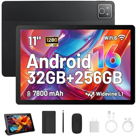 MUISOO Tablet 11 inch Tablets Android 16, 32GB RAM 256GB ROM (1TB TF Expand), 5MP+8MP Camera, 5G WiFi 6, Bluetooth5.0, 7800mAh, Android Tablet with Keyboard, Stylus, Mouse, Earphone, Case Black