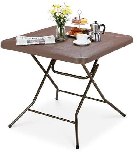Clevich Gartentisch Holz-Optik, quadratisch, Gartentisch klappbar, HBT: 74x80x80cm, Balkontisch mit Stahlrahmen Beine, Hochstabiler Campingtisch, Wetterfest, Pflegeleicht, für Balkon, Garten &Terrasse
