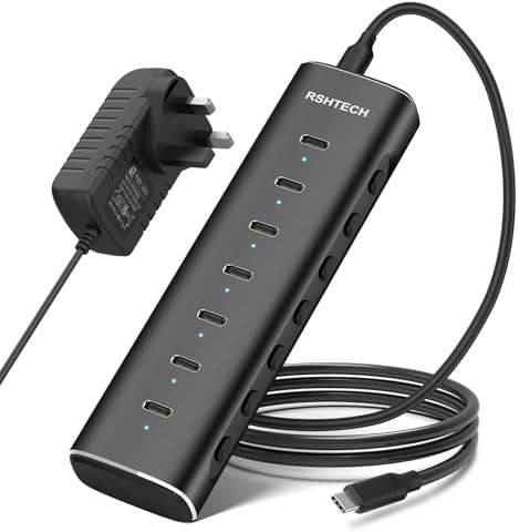 RSHTECH 36W Powered USB C Hub, 10Gbps USB Data Hub with 7x USB-C 3.2 Ports | 12V/3A PSU and 3.3Ft Detachable USB C Cable, USB Splitter for USB C and Thunderbolt Ports Laptops/Desktops (RSH-H7C)